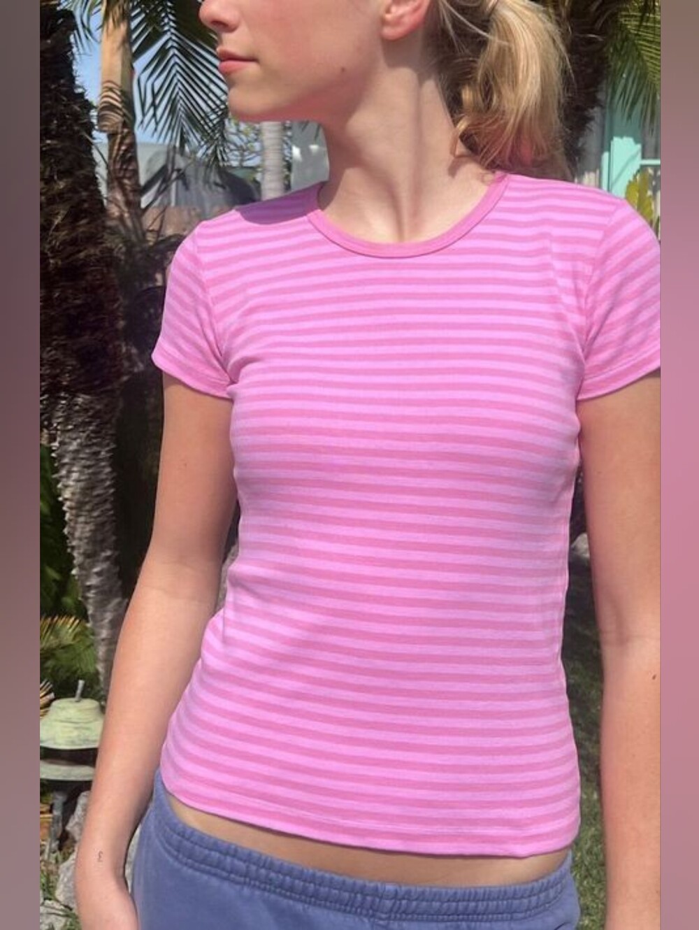 Brqndy Melville Hailie Long Striped Tee Bubblegum Pink